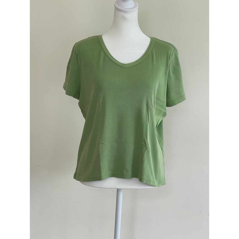 Talbots Petites Womens Large Green V-Neck Short Sleeve 100% Cotton T-Shirt